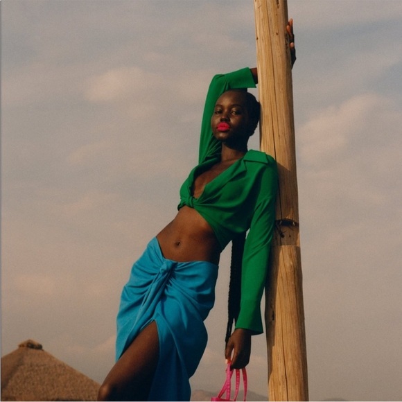 Zara Long Sleeve Knot Front Crop Top Green Size M - Picture 4 of 8